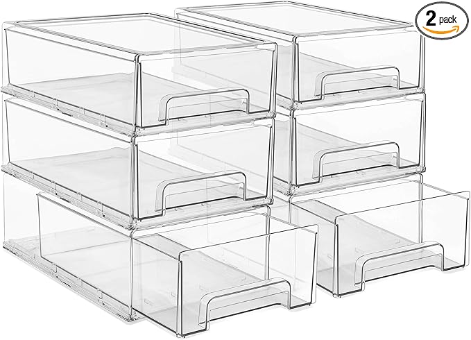 Sorbus Medium Clear Storage Drawers (6 Pack) – Stackable Organizer Drawers for Fridge, Pantry, Kitchen – Pull-Out Storage Bins with Handles, Slide Out Acrylic Drawers