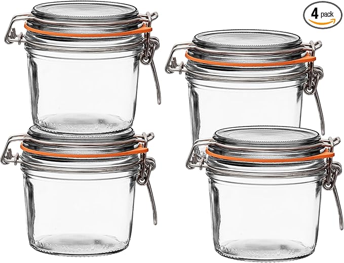Le Parfait Super Terrine 350mL (12oz) Zero Waste Eco-Friendly Glass Canning Jars, Airtight Rubber Seal & Wire Bail Lid, BPA-Free, Water Bath Safe for Food Storage & Preserving, Made in France, 4PK