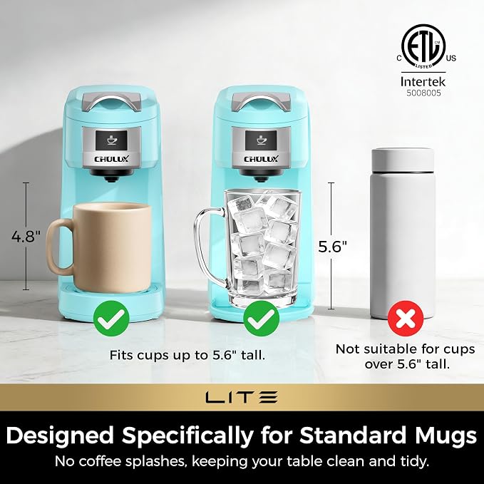 CHULUX Lite Single Serve Coffee Maker for K Cup Capsules, Single Cup Reservoir Coffee Maker with One Touch Brewing, 5 to 12 Oz Brew Sizes, Designed Specifically for Standard Mugs, Cyan