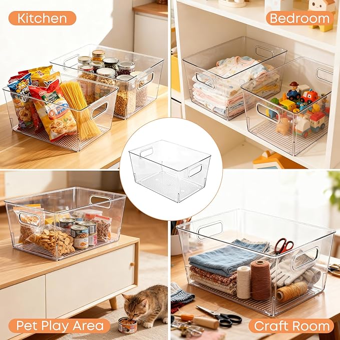 MOONEDGE Large Clear Plastic Storage Bins 4 Pack, 12" x 8" x 6" Stackable & Durable Organizers for Kitchen, Pantry, Refrigerator & Bathroom – Food Safe, Easy to Clean, Ideal for Home Organization