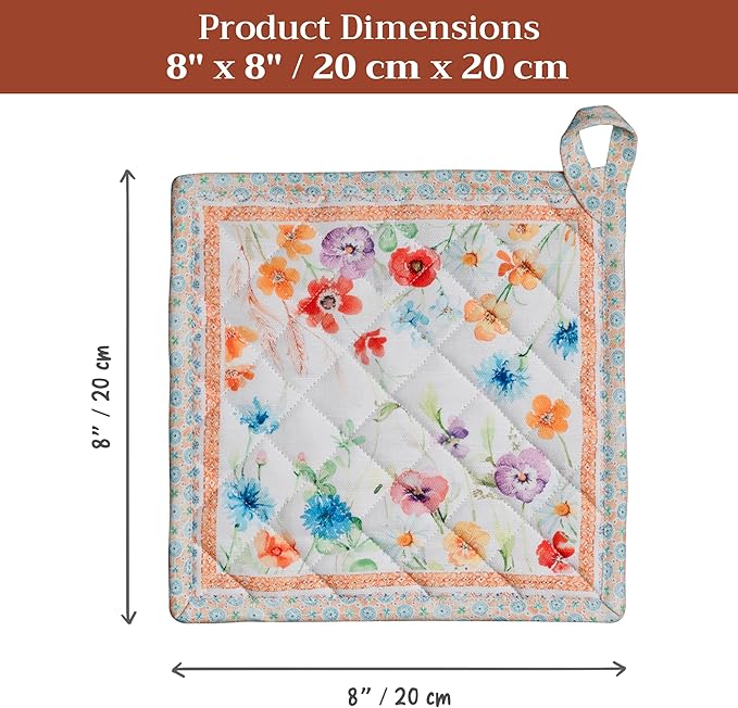 Maison d' Hermine Pot Holders 100% Cotton Heat Resistant Potholders 8" x 8" Hot Pads with Loop BBQ Cooking Baking Gifts for Mothers Day Handling Hot Pans Spring/Summer (Pack of 2, Summer Whisper)