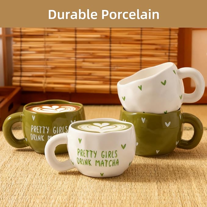 4pcs Ceramic Coffee Cups, 9.4OZ Cute Matcha Cup Set, Green & White, Dishwasher Safe Green Tea Mugs, Pretty Girls Collection