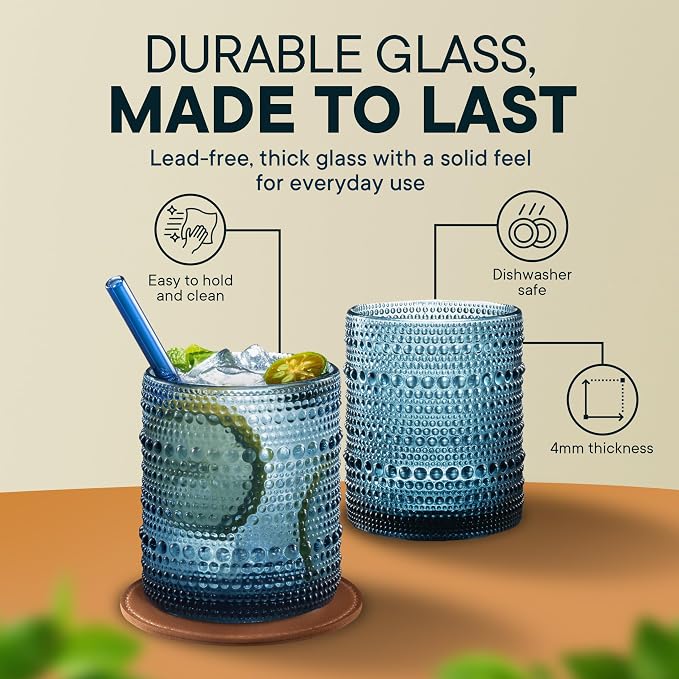 12 Oz Hobnail Drinking Glasses, Cornflower Blue, Set of 12 | Vintage Embossed Glassware, Textured Tumblers, Includes Straws and Coasters