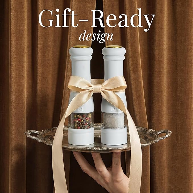 Electric Salt and Pepper Grinder Set - Styled Settings White Electric Salt and Pepper Shakers, Automatic Stainless Steel Set with LED Light, Battery Operated, Adjustable Coarseness, Wood Base