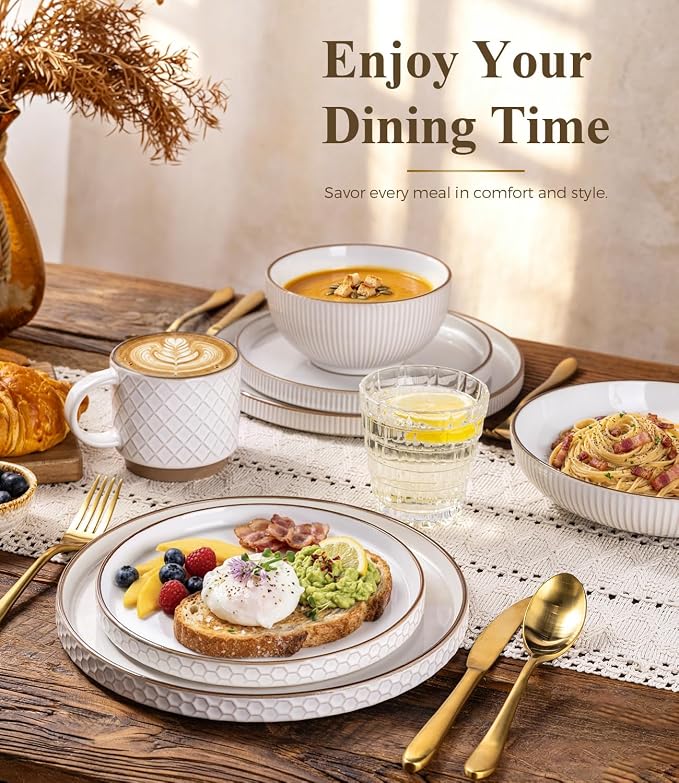 GBHOME Stoneware Dinnerware Sets Service for 4, 12 Piece Embossed Plates and Bowls Set, Elegant Ceramic Dish Set, Chip Resistant, Microwave & Dishwasher Safe, Off white（stackable)