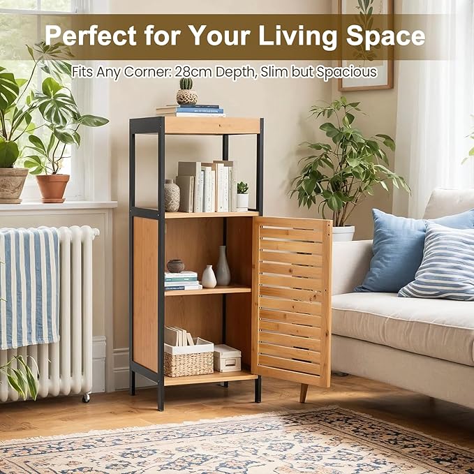 35" Bamboo Bathroom Storage Cabinet with Open Shelf, Solid 3 Tier Freestanding Floor Cabinet with Sliding Door, Waterproof Bamboo Organizer for Bathroom, Kitchen, or Entryway