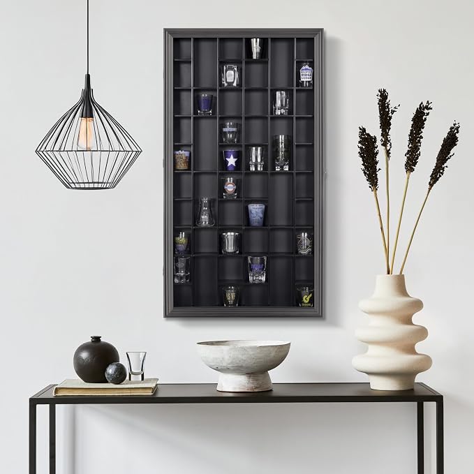 Gallery Solutions - Black Wall-Mounted - Curio & Shot Glass Display Case - 17"x32" Glass Door - Bar Accessories - Collectible - Miniature Glassware - Bar Accessories