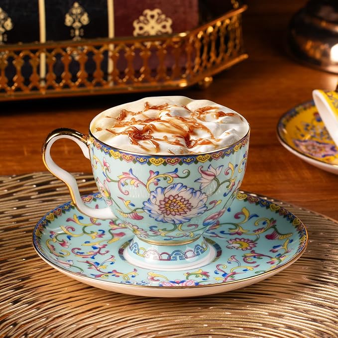KAMMAK Tea Cups and Saucers Set of 2, Porcelain Coffee Cups, 7.4oz Stackable Espresso Mugs, Ceramic Demitasse for Coffee, Latte, Americano, Tea (641N+642N)