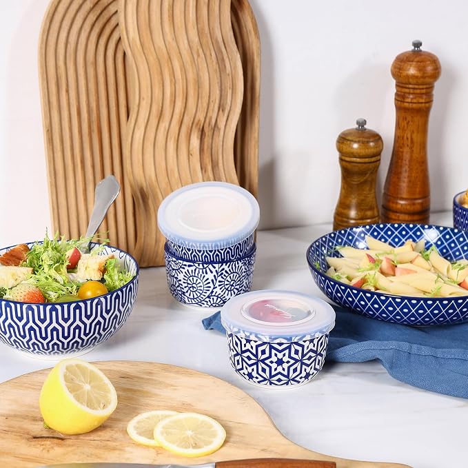 Selamica 6 oz Ramekins with Lids Oven Safe, Creme Brulee Ramekins Souffle Dishes with Covers, Pudding Custard Cups Stackable Ceramic Mini Ramekin Bowls Set for Baking, Dipping, Set of 6, Vintage Blue