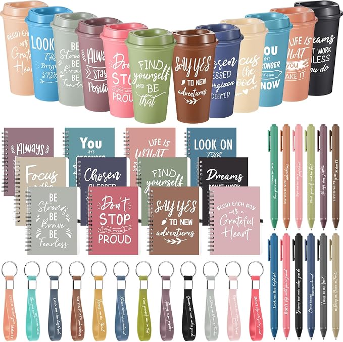 Skylety 12 Sets/48 Pcs Employee Appreciation Gift Baskets Bulk 16oz Inspirational Coffee Cup with Spiral Notebook, Pen & Keychain, Thank You Gifts for Staff, Teacher,Coworker, Team (Morandi Color)