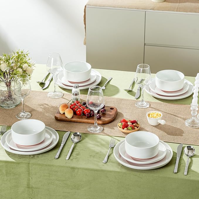 12 Piece Ceramic Plates and Bowls Sets for 4, Elegant White | Stoneware Dinnerware Set, Dishwasher & Microwave Safe, Handcrafted, Perfect for Family and Gatherings