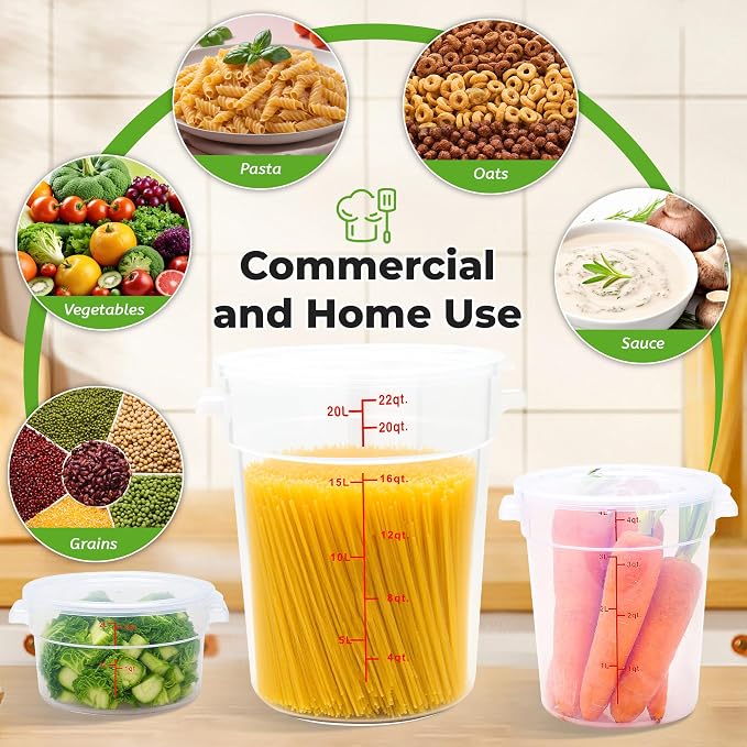 BIEAMA 4 Pack 2 Qt Round Food Storage Containers with Lids, Translucent PP | Include lids, labels, measuring cups and containers with capacity markings for food prep, pantry storage and dough proofing.