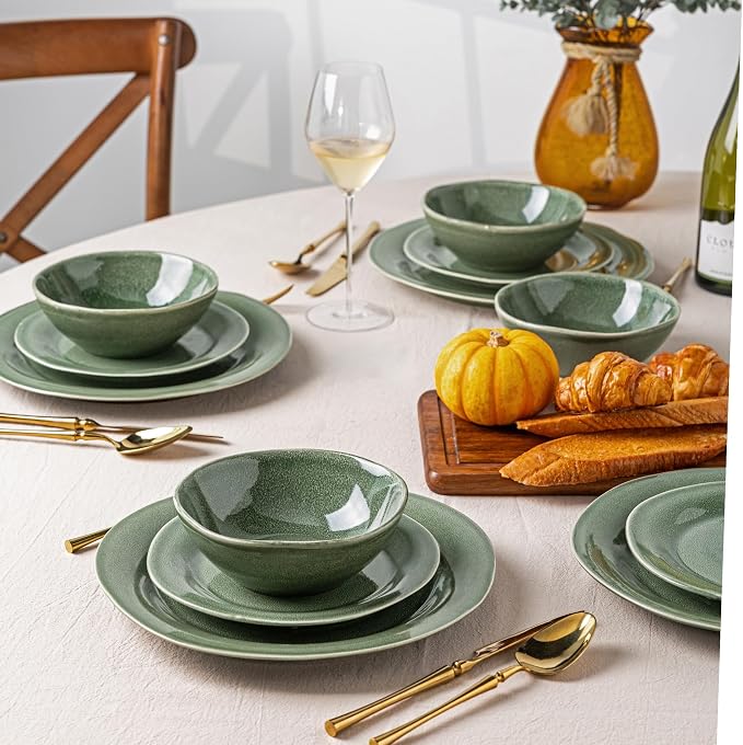 AmorArc Ceramic Dinnerware Sets, Handmade Stoneware Reactive Glaze Plates and Bowls Set, Scratch Resistant | Dishwasher & Microwave Safe, Service for 4 (12pc)