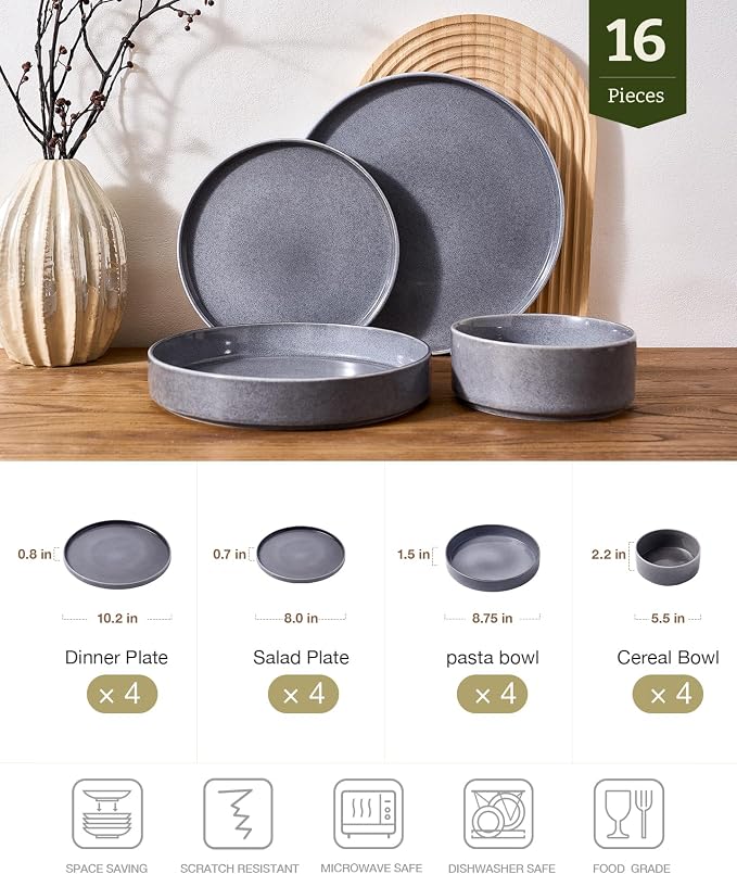 Famiware Annecy Plates and Bowls Sets, Service for 4 (16 Pieces), Dinnerware Sets with Pasta Bowls, Microwave and Dishwasher Safe Dishes Set, Chip and Scratch Resistant, Misty Blue