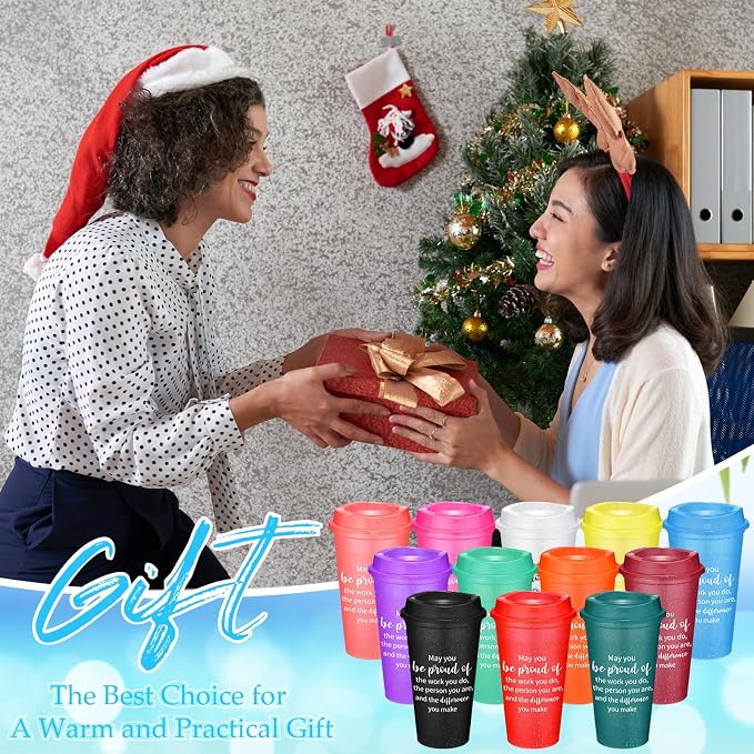 Skylety 48 Pcs Appreciation Tumblers Gifts Bulk 16 oz Thank You Teacher Employee Plastic Coffee Cups with Lids Colorful Reusable Inspirational Tumblers for Coworker Staff Christmas