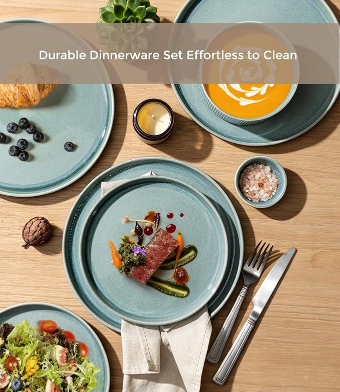 GBHOME 12-Piece Stoneware Dinnerware Set for 4 – Ribbed Ceramic Plates and Bowls, Scratch-Resistant, Microwave & Dishwasher Safe, Reactive Glaze, Malachite Green