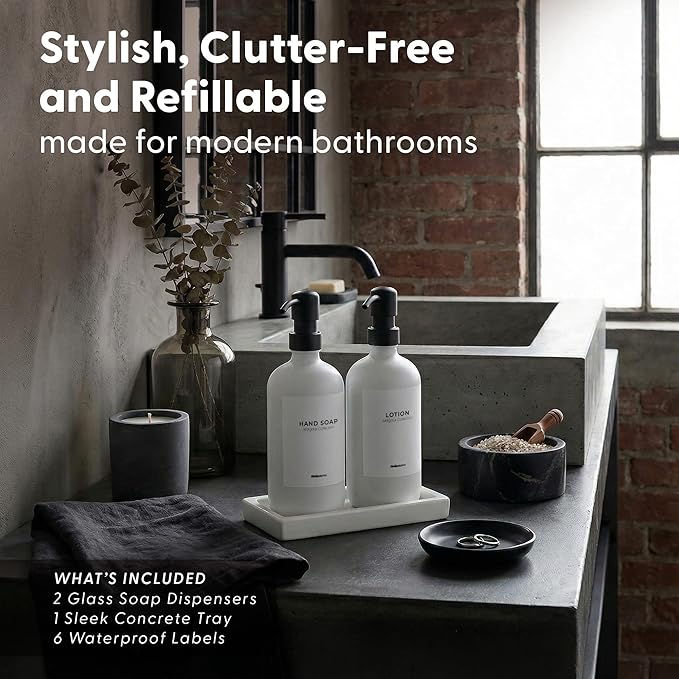MaisoNovo Bathroom Soap Dispenser Set - Soap and Lotion Dispenser Set with White Soap Dispenser, Black Pumps & Concrete Tray