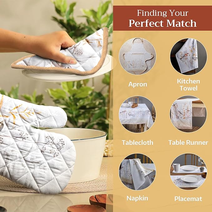 Maison d' Hermine Pot Holders 100% Cotton Heat Resistant Potholders 8" x 8" Hot Pads with Loop BBQ Baking Gifts for Mothers Day Handling Hot Pans Spring/Summer (Pack of 1, Meadow Florals - Beige)