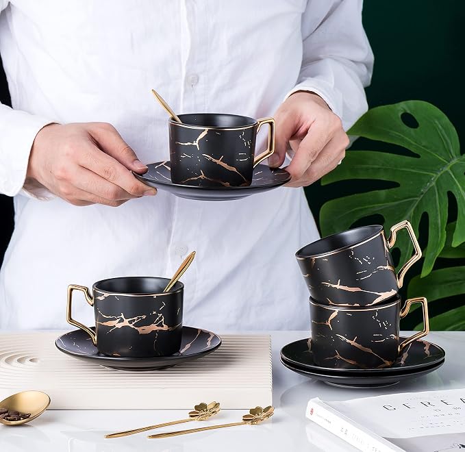 Jusalpha Serve of 4- Hand Printed Golden Matte Ceramic Marble Tea Coffee/Tea Cups with Spoons and Cup Holder, 7OZ -TCS26 (Black/Gold, Serve of 4)