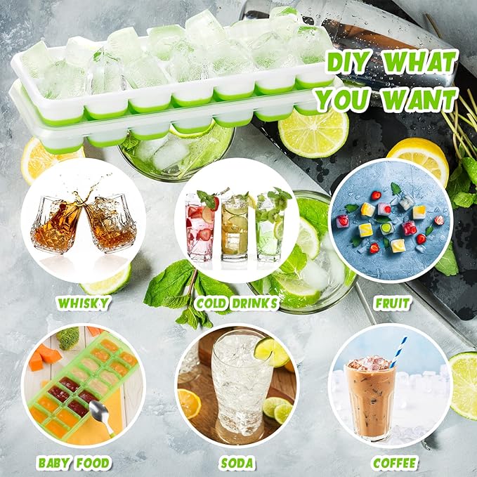 Rtteri 36 Pack Ice Cube Trays Silicone Ice Tray for Freezer Flexible 14 Cube Molds Easy Release Stackable Trays with Lid for Drinks Cocktail Coffee Baby Food (Green)