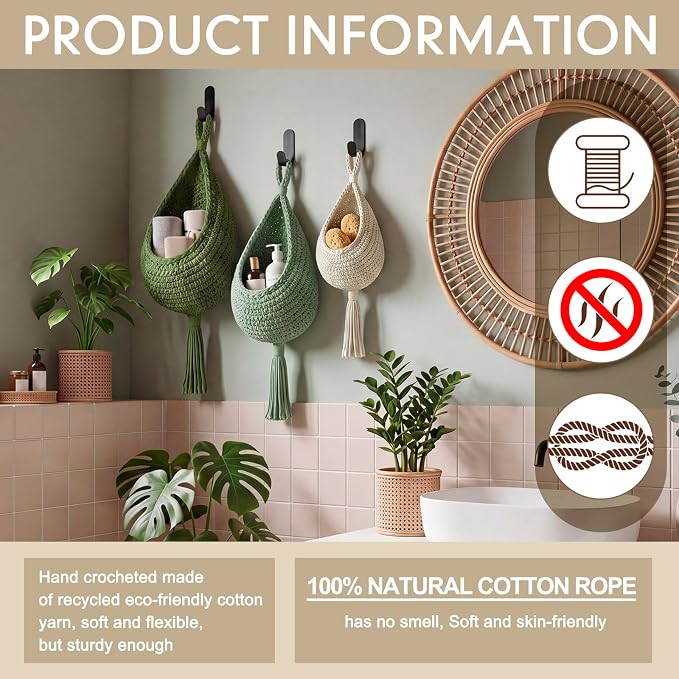 Honeydak Boho Decor Hanging Wall Baskets for Kitchen 3 Pack Teardrop Baskets with Hooks Storage Fruit Onion Vegetable Potato for Home 3 Sizes(Sage Color Palette,Tassel,Cotton Rope)