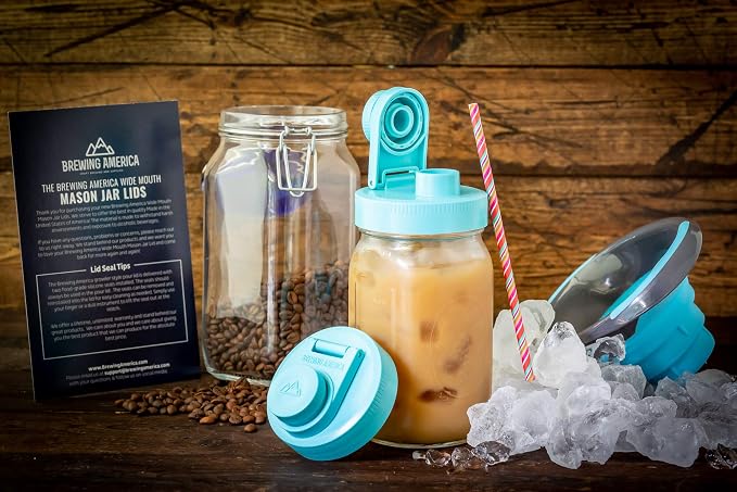 Brewing America Glass Mason Jar Pitcher with Lid, 1 Quart (32 oz) with Teal Wide Mouth Pour Lid, for Smoothie, Boba Cup, Sun Tea, Cold Coffee Glass Tumbler, 2-Pack