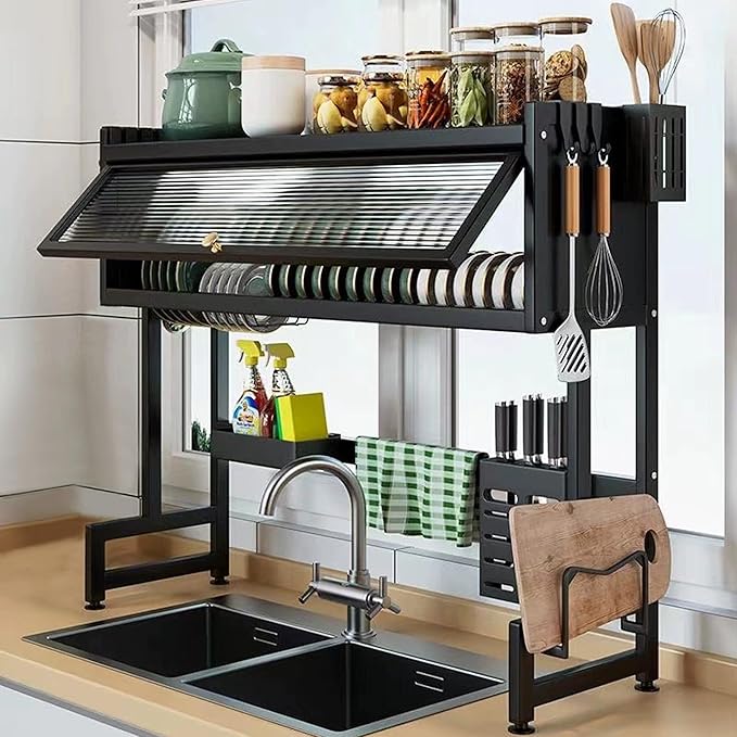 Dish Drying Rack, 3 Tier Over The Sink Dish Drainer Drying Rack, 33.5" Over Sink Dish Rack, Space-Saving Kitchen Sink Organizer, Large Drying Rack with Cover Baskets Black