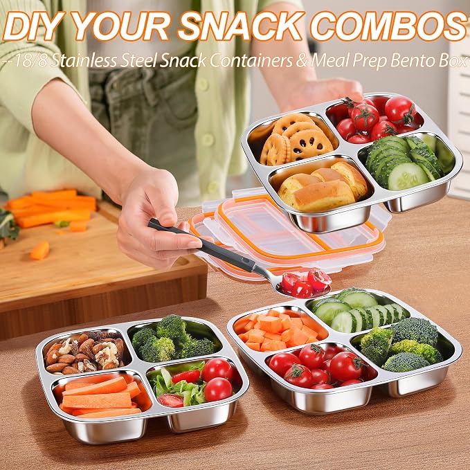 KTKUDY 3 Pack Stainless Steel Snack Containers - Divided Bento Snack Box - 4 Compartment Meal Prep Lunch Containers for Kids Daycare, School, Work, Travel