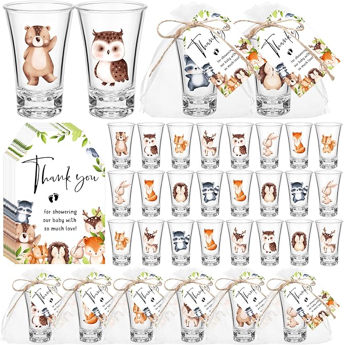 Pickmesh 50 Sets Woodland Baby Shower Party Favors Jungle Animal Shot Glasses with Thank You Tags Bags for Animal Jungle Theme Baby Shower Gender Reveal Party