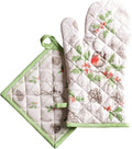 Maison d' Hermine 100% Cotton Oven Mitt & Pot Holder Set (7.5"x13" & 8"x8") Heat Resistant BBQ Cooking Gloves with Loop for Thanksgiving Christmas Decorations Handling Hot Pans (Christmas Dew)