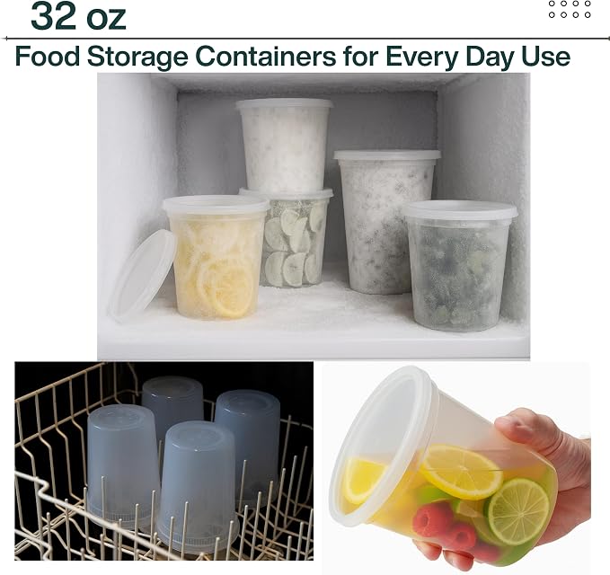 32oz [100 set] Heavy Duty Plastic Deli Container | BPA-Free Food Storage with Airtight Leak‑Proof Lids | Microwave, Freezer & Dishwasher Safe – Stackable, Bulk Reusable Soup & Meal Prep Tub