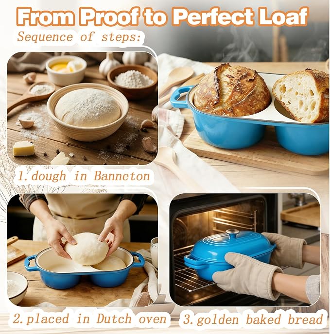 DIY Double Dutch Oven for Sourdough Bread Baking – Enamel Cast Iron Bread Baker with Lid, Bake Two Different Loaves at Once, 500°F Oven Safe, Includes 2×5" Banneton Proofing Baskets