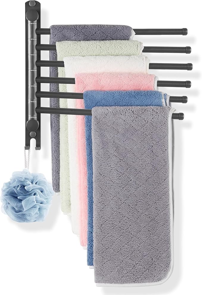 Swivel Towel Rack, 12.6 Inch Towel Bar with Wall Mounted 180° Rotation, 6 Arms Towel Hanger SUS 304 Stainless Steel, Space Saving for Kitchen, Bathroom, Outdoor, Dark Grey