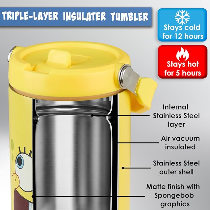 Get Trend SpongeBob SquarePants 30oz Tumbler with Handle and Straw, Kids Stainless Steel Insulated Water Bottle, BPA-Free, Leak-Proof, Cold for 12h, Hot 5h, Gifts for Boys Girls (Yellow SpongeBob)