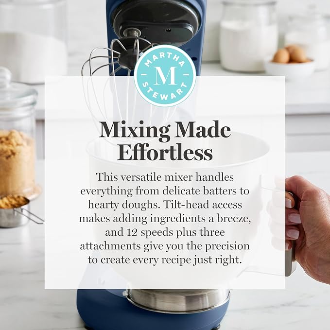 Martha Stewart 5.3Qt Stand Mixer, 12-Speed Tilt-Head Electric Kitchen Mixer with Stainless Steel Bowl, Dough Hook, Whisk & Beater, Splash Guard, Ideal for Baking Bread, Cake & Whipping, Indigo Blue