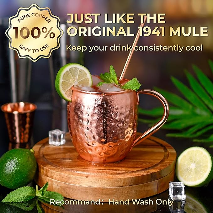 Moscow Mule Mugs, 4pcs Set of 16oz Copper Cups, Handcrafted Traditional Design, Gift Set with Straws, Spoon, Cleaning Brush & Shot Glass, Insulated, Reusable