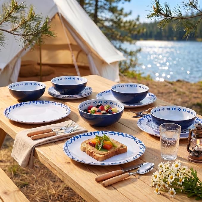 12pcs Melamine Dinnerware Set - Unbreakable Plates and Bowls Set- Blue Grid Stripes Design Dinner Dish Set - Modern Dinnerware Set for 4 - Break-Resistant Dishwasher Safe for Indoor/Outdoor Use