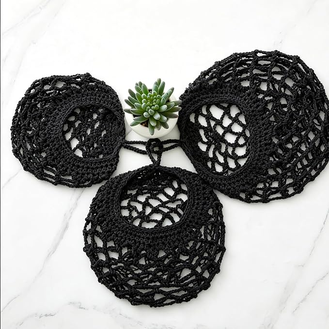 Honeydak Boho Decor Hanging Wall Baskets for Kitchen 3 Pack Teardrop Baskets with Hooks Storage Fruit Onion Vegetable Potato for Home 3 Sizes(Black,Crochet,Cotton Rope)