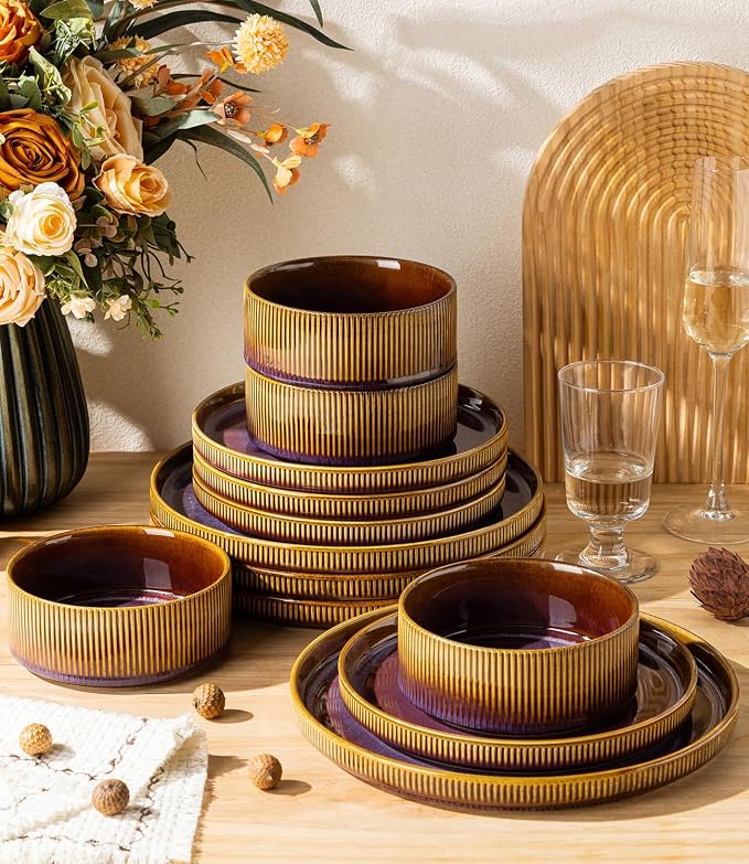 TheTerra Ceramic Dinnerware Sets for 6, 18 Pieces Porcelain Lightweight Plates and Bowls Sets, Scratch Resistant Dish Set, Oven & Microwave & Dishwasher Safe, Amber Amethyst