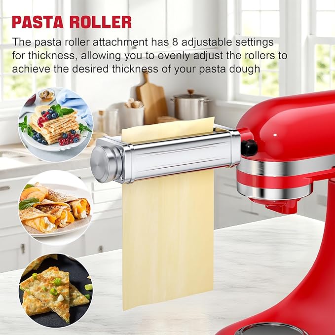 Pasta Maker Attachments Set for all KitchenAid Stand Mixer, including Pasta Sheet Roller, Spaghetti Cutter, Fettuccine Cutter, KSMPRA 3-Piece Pasta Roller & Cutter Set