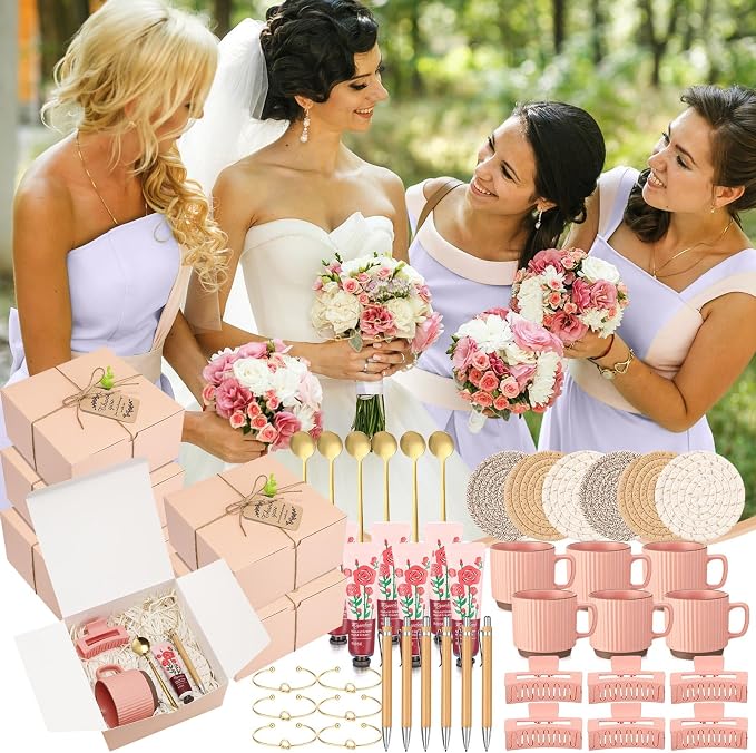 Reallnaive 61 Pcs Baby Shower Prizes for Game Winners Include Ceramic Mug Coaster Hand Cream Pen Spoon Bracelet Hair Clip Card Gift Box with Raffia for Guests Gender Reveal Bridal Shower Party(Pink)