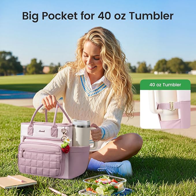 LOVEVOOK Insulated Lunch Bag Women,Puffer Adult Lunch Box for Women with Handmade Strawberry Charm,Wide Opening Leakproof Cooler Bag with Cup Holder for Work Picnic Beach Family College Mom Teacher