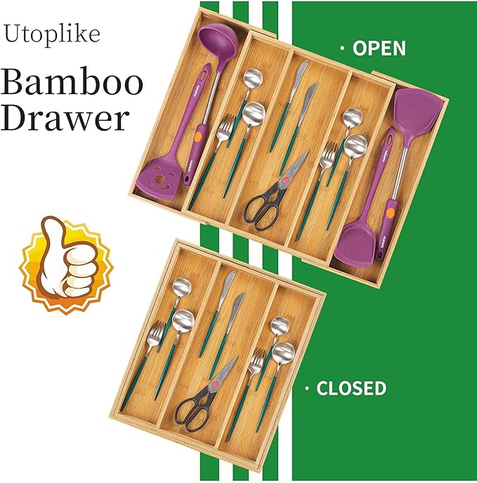 Utoplike Bamboo Expandable Kitchen Drawer Organizer and Bamboo Cutlery Tray Silverware,(11.5"-18") W X 15" H X 2.4“D (Small)