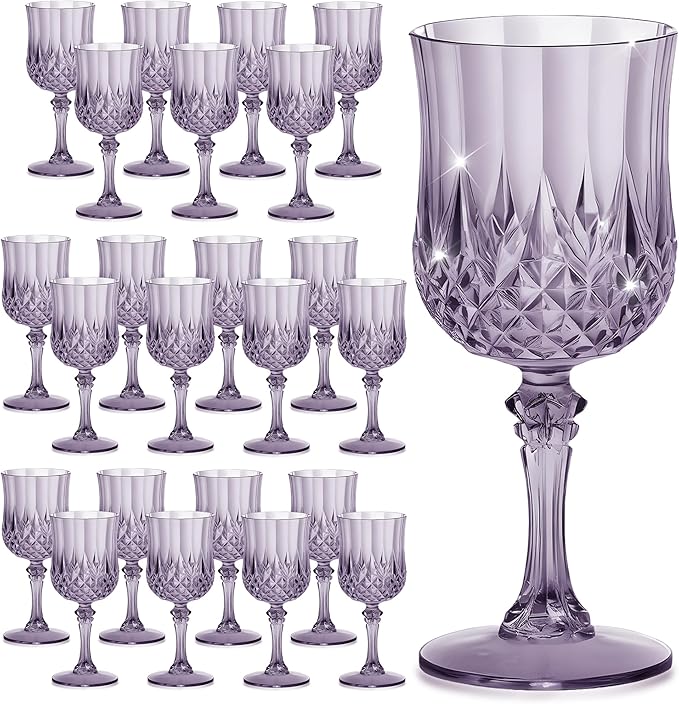 7OZ Plastic Wine Glasses, Reusable Vintage Goblets Unbreakable Drinking Glasses Crystal Water Cups Champagne for Wedding, Parties (24, Dark Purple)