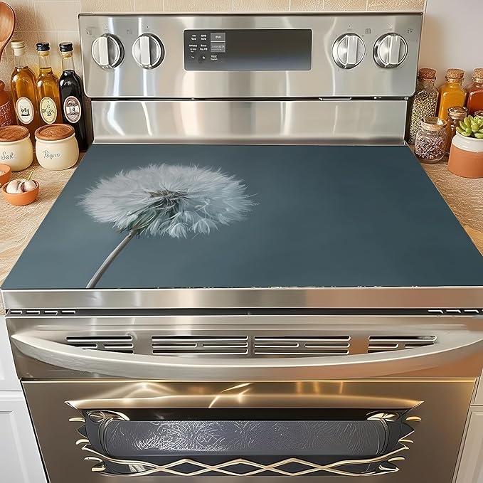 Minimalist White Dandelion Stove Top Cover for Electric Stove, 28.3 × 20.5 Inch Heat-Resistant Cover, Soft Neutral Botanical Artwork, Modern Kitchen Decor