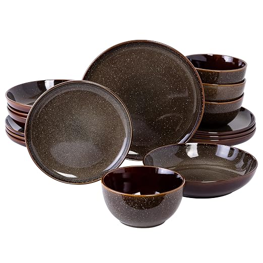Gibson Elite Edwina 16-Piece Double Bowl Dinnerware Set, Service for 4 – Dark Green Stoneware Plates and Bowls