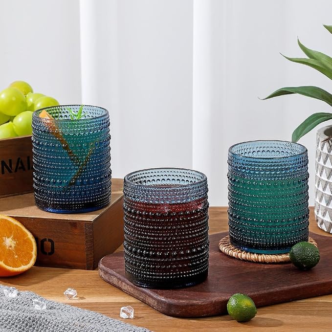 HomeVogue Hobnail Drinking Glasses Set of 12, 12oz & 15oz Vintage Glassware Set Cocktail Glass Set, Embossed Blue Water Tumbler,for Beer, Whiskey,Juice and Various Mixed Drinks (12 Pack-Blue)
