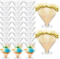 Irenare 100 Pcs 5 oz Plastic Martini Glasses and Cocktail Picks Set Disposable Clear Cocktail Dessert Glasses Unbreakable Mini Cups for Wedding Party Wine Appetizers Food