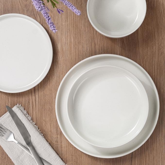 HaWare 24-Piece Plates and Bowls Set for 6, Stoneware Dinnerware Sets with Pasta Bowl, Dishes Set for Home Restaurant, Speckled Milky White