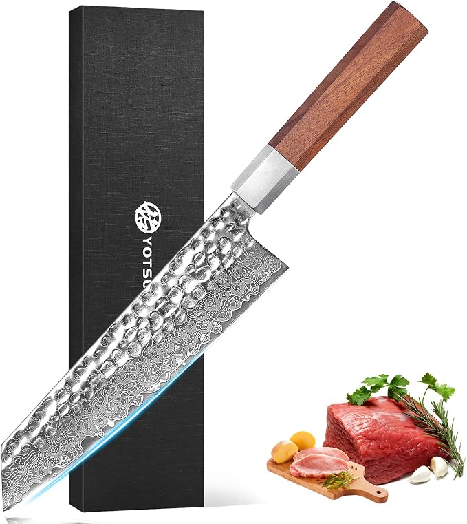 YOTSUBA 8 inch Japanese Kiritsuke Chef Knife, Hand Forged Damascus Kitchen Knife, 9Cr18MoV High Carbon Steel Knife, Professional Chefs Knife with Ergonomic Rosewood Handle